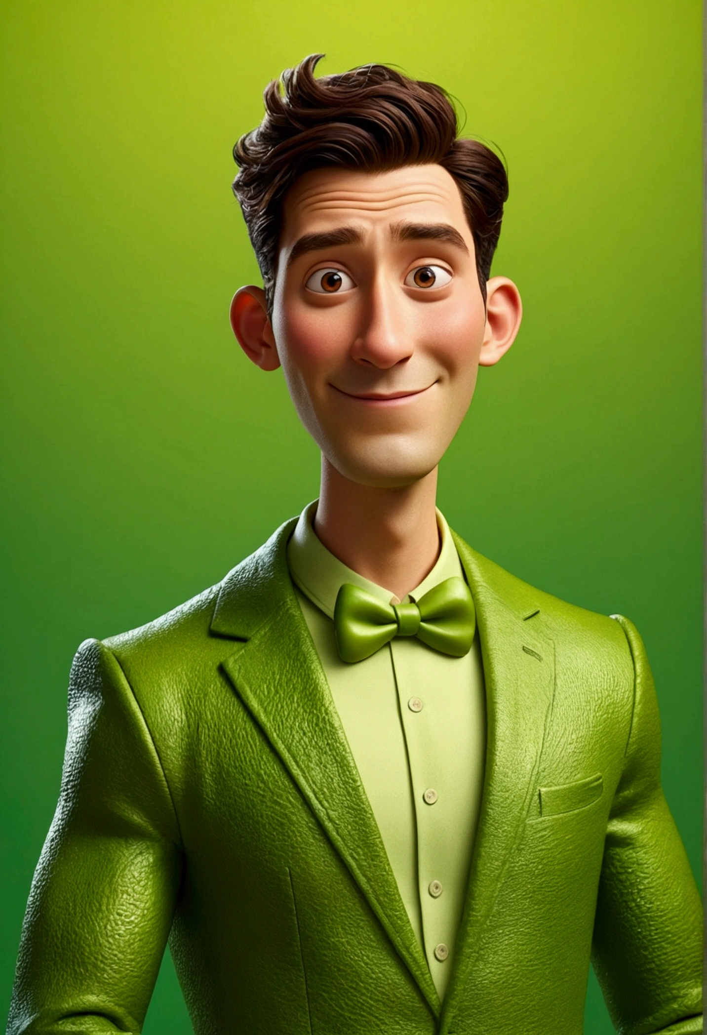 Movie character funny lies , disney pixar style 3d , a tall, strong young man with a proud face wearing kingly clothes in avocado green , with SKIN in AVOCADO GREEN color , 8K quality vibrant colorful background