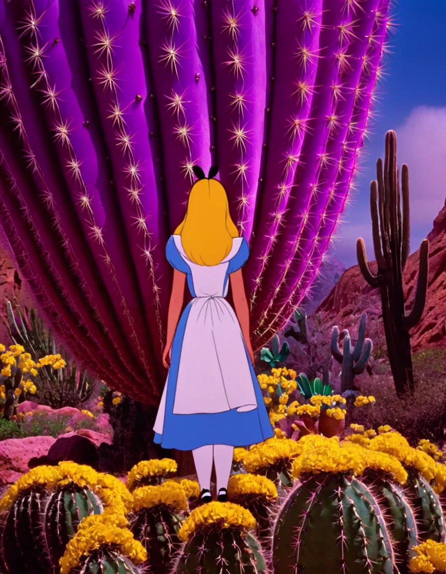 wxaliwonlan,1 girl,alone,long hair,blue eyes,blonde hair,dress,standing in front of a giant purple cactus,alice (Alice in Wonderland),disney cartoon,masterpiece,best quality,(details intricate),highly detailed eyes,unique pose,dynamic pose,35mm,anamorphic,lightroom,cinematography,film grain,HDR10,8k hdr,Steve McCurry,((cinematic)),RAW,portra 400 film with color grading, remarkable color, ray tracing, subsurface scattering, hyperrealistic, extreme skin details, skin pores, deep shadows, contrast.