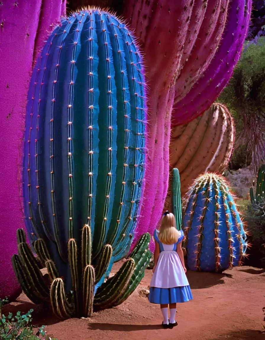 wxaliwonlan,1 girl,alone,long hair,blue eyes,blonde hair,dress,standing in front of a giant purple cactus,alice (Alice in Wonderland),disney cartoon,masterpiece,best quality,(details intricate),highly detailed eyes,unique pose,dynamic pose,35mm,anamorphic,lightroom,cinematography,film grain,HDR10,8k hdr,Steve McCurry,((cinematic)),RAW,portra 400 film with color grading, remarkable color, ray tracing, subsurface scattering, hyperrealistic, extreme skin details, skin pores, deep shadows, contrast.