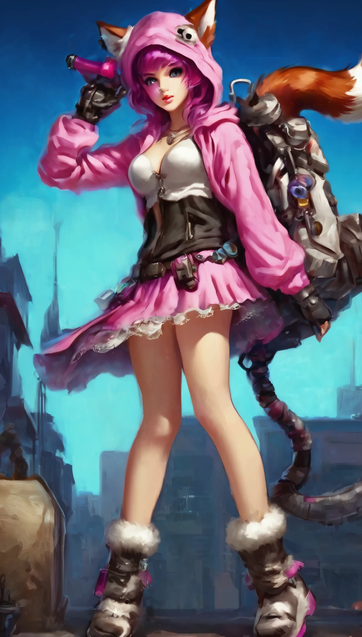 Oh, league of legend, sexy for, wallpapers, detailed eyes, fox ear, (fox tails), a skirt, (long pink fur), medium breasts, Looking at_Shown in_Looking atl espectador, short_hair, gloves, belly button, fail, blue_there are eyes, Eternal, full_body, weapon, Footwear, necklaces, negro_gloves, pulp, hooded, hair_overcome_Yoon_there are eyes, Cultivator_above, hoodie, negro_pants, sneakers, Cut_jacket, cyber punk character, Cut_hoodie