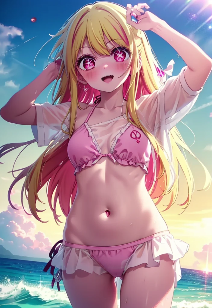 rubyhoshino, Ruby Hoshino, Long Hair, bangs, blonde, (Pink Eyes:1.3), (Symbol-shaped pupil:1.5), Multicolored Hair, smile,blush,Open your mouth,Two-tone hair, Bikini Swimwear,barefoot,Water Play,Wet Hair,Wet Skin,Wet swimsuit,True Summer,Clear skies during the day,
break outdoors, Beach,construction area,
break looking at viewer, whole body, (Cowboy Shot:1. 5)
break (masterpiece:1.2), highest qualそれy, High resolution, unそれy 8k wallpaper, (shape:0.8), (Beautiful attention to detail:1.6), Highly detailed face, Perfect lighting, Highly detailed CG, (Perfect hands, Perfect Anatomy),