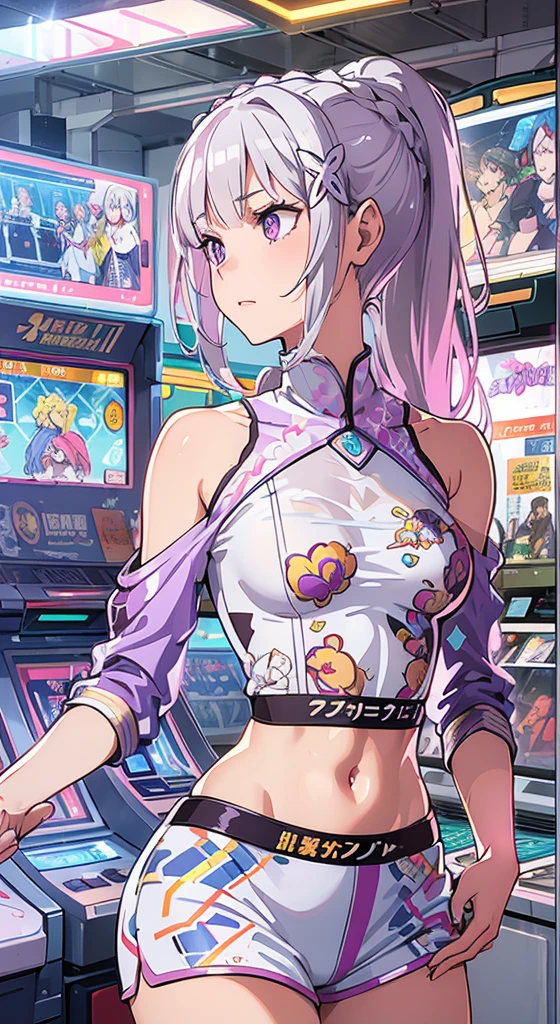 ((Masterpiece)), best quality, absurderes, ultra detailed, holographic, cowboy shot, golden ratio, super cute girl, mature girl, super beautiful asian girl with very beautiful violet glowing eyes, Emilia re:zero, purple eyes, Emilia, crown braid, x hair ornament, flower hair ornament, white hair, very long hair, medium breasts, high ponytail,  nice and sexy body, slim body, perfect body, wearing super tight anime printed mini boxers, an anime printed super tight off shoulder long sleeve crop top, buautiful hair ornament,  super aesthetic transparent jacket, playing in an arcade machine