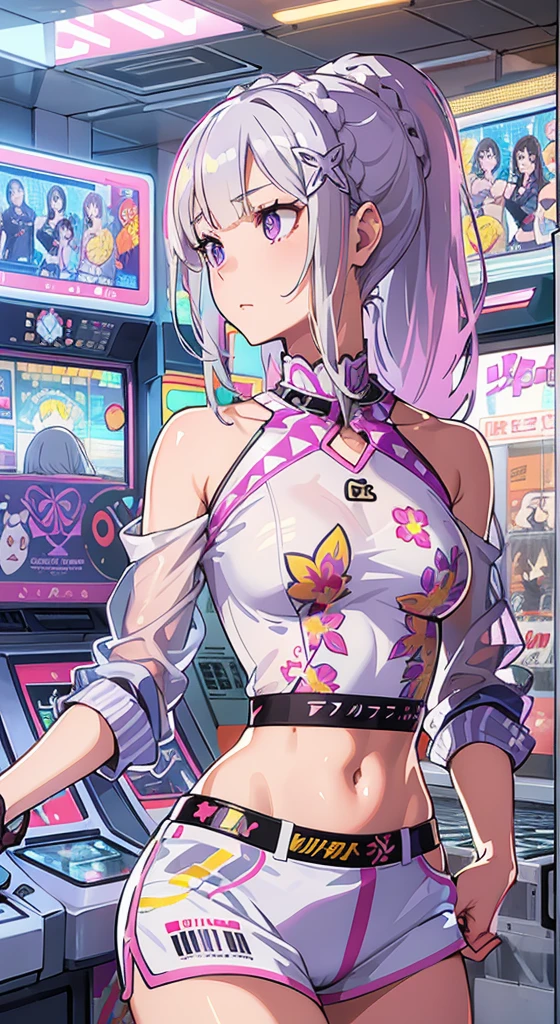((Masterpiece)), best quality, absurderes, ultra detailed, holographic, cowboy shot, golden ratio, super cute girl, mature girl, super beautiful asian girl with very beautiful violet glowing eyes, Emilia re:zero, purple eyes, Emilia, crown braid, x hair ornament, flower hair ornament, white hair, very long hair, medium breasts, high ponytail, nice and sexy body, slim body, perfect body, wearing super tight anime printed mini boxers, an anime printed super tight off shoulder long sleeve crop top, buautiful hair ornament, super aesthetic transparent jacket, playing in an arcade machine