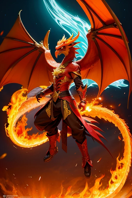 A fire dragon with large phoenix wings and a face that combines a bird and a dragon.、The tail is a bird&#39;s tail、A dragon that glows with a phoenix-like spirit.
