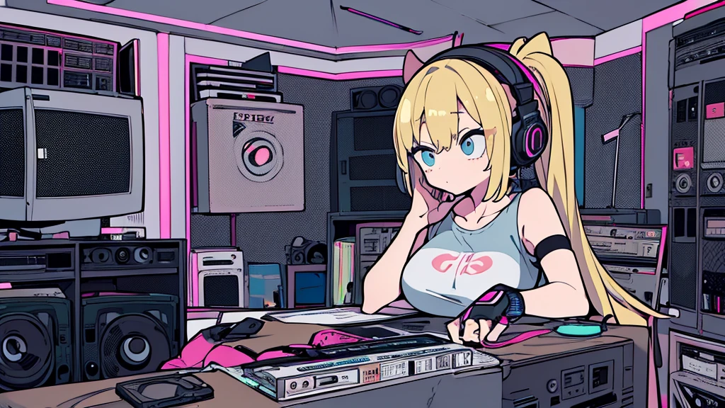 Best quality, (masterpiece), best detail face,1 girl, natural breasts, 18 yo, 8k,absurdres,unity 8k wall paper,(extremely detailed:1.3), highest realistic, (retro headphones:), (soft neon light:), (psychedelic), Her room full of music equipment and records, sports wear , See the whole room , dark grey color pallet, blonde hair, pony tail hair