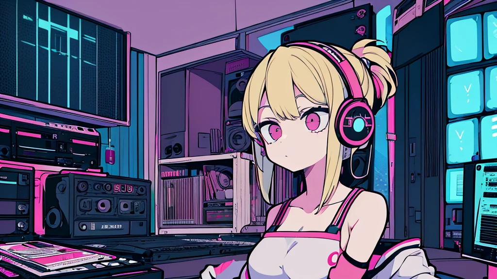 Best quality, (masterpiece), best detail face,1 girl, natural breasts, 18 yo, 8k,absurdres,unity 8k wall paper,(extremely detailed:1.3), highest realistic, (retro headphones:), (soft neon light:), (psychedelic), Her room full of music equipment and records, sports wear , See the whole room , dark grey color pallet, blonde hair, pony tail hair
