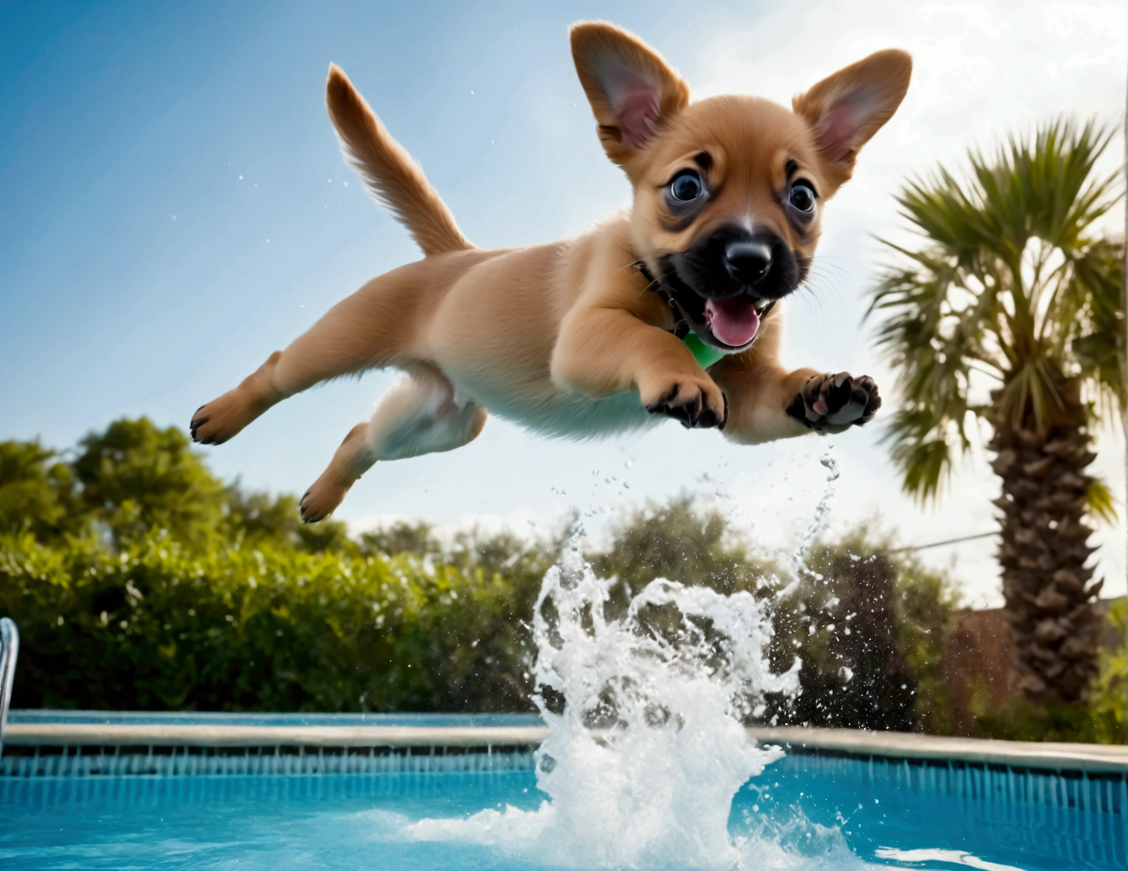 A puppy jumps off the high dive at a swimming pool. Show the puppy mid air, between scared and excited