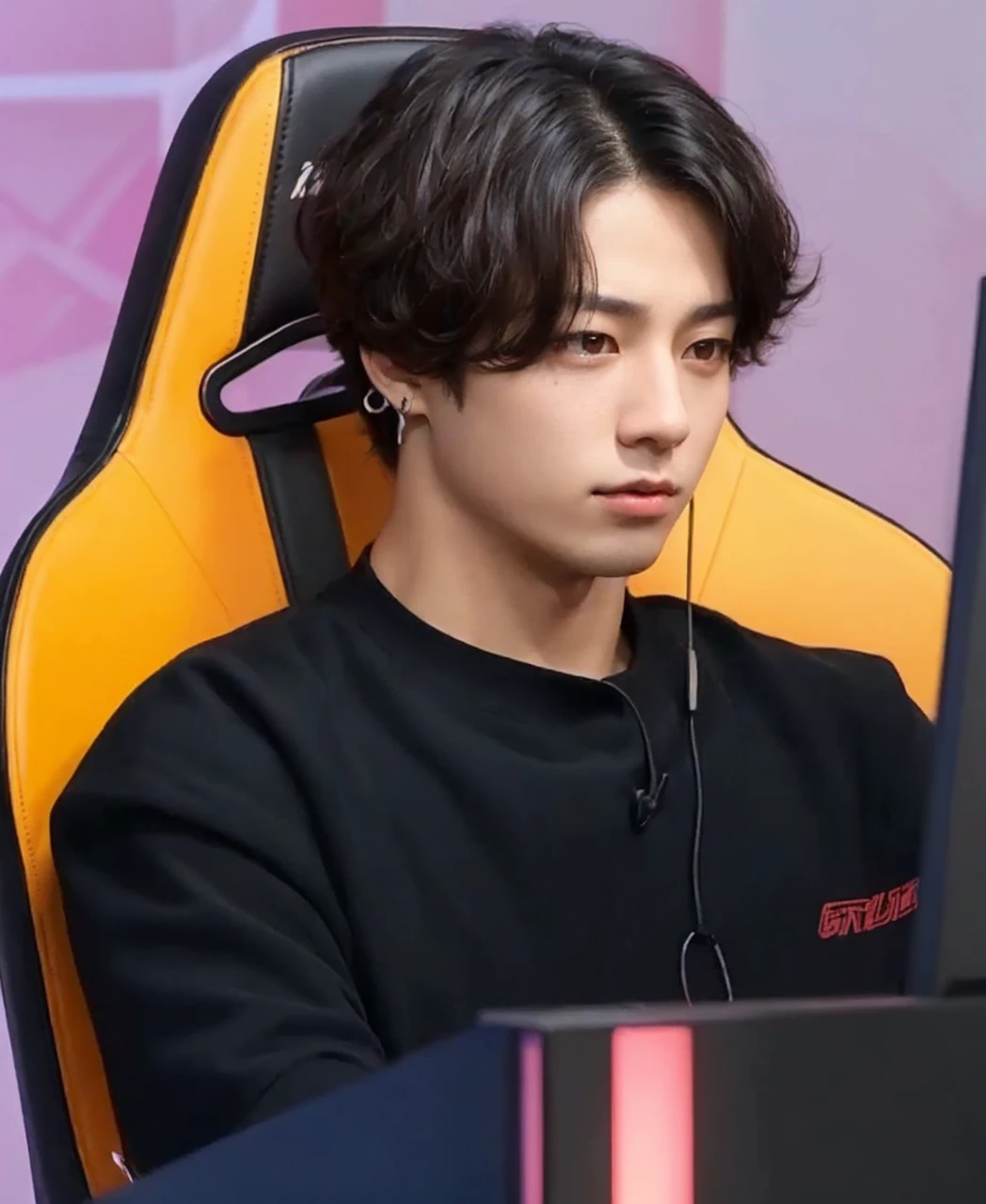 A detailed portrait of a young Asian man, chico asiático, detailed facial features, beautiful detailed eyes, long eyelashes, beautiful detailed lips, extremely detailed face, impeccable skin, medium length dark hair, serene expression, (best quality,4k,8k,highres,masterpiece:1.2),ultra-detailed,(realistic,photorealistic,photo-realistic:1.37),vibrant colors,dramatic lighting,cinematic composition,elegant,portrait, jungkook de BTS, con audifonos gamer de conejo, audífonos gamer rosados 