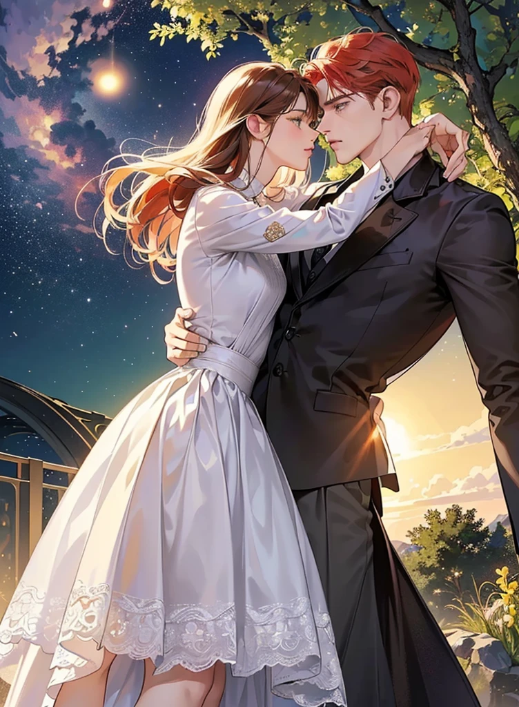(Best Quality Detailed Image Beautiful Photorealistic Spectacular Night Image 8K 1:1) ((A couple kisses under a tree at the starry night.)), ((desperate hug 8.0)), (digital art digital illustration) (camera focused on face) (cool colors dim lighting) Manhwa Art (red hair man) (very tall man ((redhead)) frío de 29 años muy elegant con estilo de espalda. Ropa elegant ((Brown jacket and shirt)), green eyes (surprised look rostro perfecto líneas perfectaa).elegant, surprised look, pale eyes, ((Male square face)), facial hair, Open eyes), is kissed by surprise by (a beautiful young woman with white hair, with white nightgown and black leather vest, for the rebel whites, closed eyes, she is shorter than him, soft and perfect lips, femininity and masculinity, ((romantic scene)), ((corresponding individual aspects)), ((just a man and a woman)))