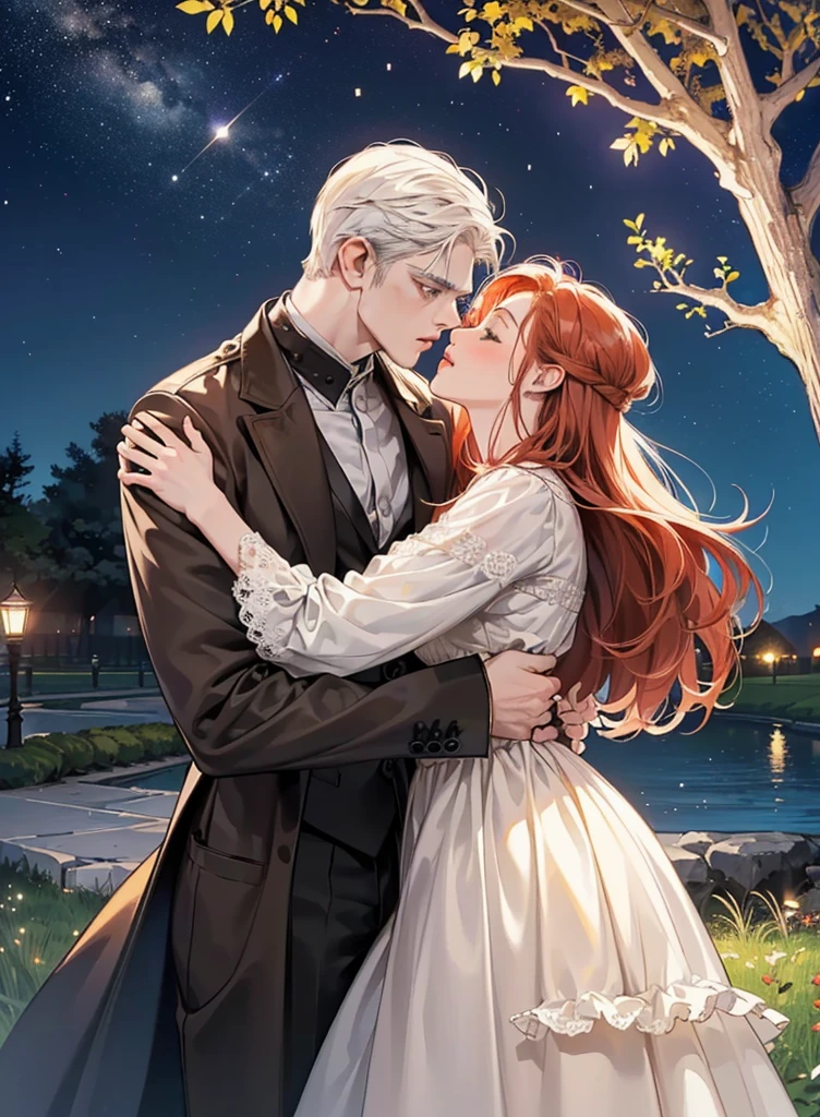 (Best Quality Detailed Image Beautiful Photorealistic Spectacular Night Image 8K 1:1) ((A couple kisses under a tree at the starry night.)), ((desperate hug 8.0)), (digital art digital illustration) (camera focused on face) (cool colors dim lighting) Manhwa Art (red hair man) (very tall man ((redhead)) frío de 29 años muy elegant con estilo de espalda. Ropa elegant ((Brown jacket and shirt)), green eyes (surprised look rostro perfecto líneas perfectaa).elegant, surprised look, pale eyes, ((Male square face)), facial hair, Open eyes), is kissed by surprise by (a beautiful young woman with white hair, with white nightgown and black leather vest, for the rebel whites, closed eyes, she is shorter than him, soft and perfect lips, femininity and masculinity, ((romantic scene)), ((corresponding individual aspects)), ((just a man and a woman)))
