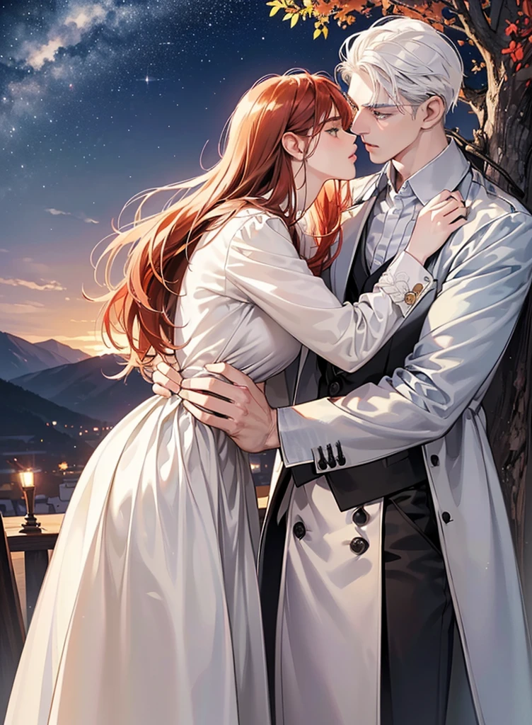 (Best Quality Detailed Image Beautiful Photorealistic Spectacular Night Image 8K 1:1) ((A couple kisses under a tree at the starry night.)), ((desperate hug 8.0)), (digital art digital illustration) (camera focused on face) (cool colors dim lighting) Manhwa Art (red hair man) (very tall man ((redhead)) frío de 29 años muy elegant con estilo de espalda. Ropa elegant ((Brown jacket and shirt)), green eyes (surprised look rostro perfecto líneas perfectaa).elegant, surprised look, pale eyes, ((Male square face)), facial hair, Open eyes), is kissed by surprise by (a beautiful young woman with white hair, with white nightgown and black leather vest, for the rebel whites, closed eyes, she is shorter than him, soft and perfect lips, femininity and masculinity, ((romantic scene)), ((corresponding individual aspects)), ((just a man and a woman)))