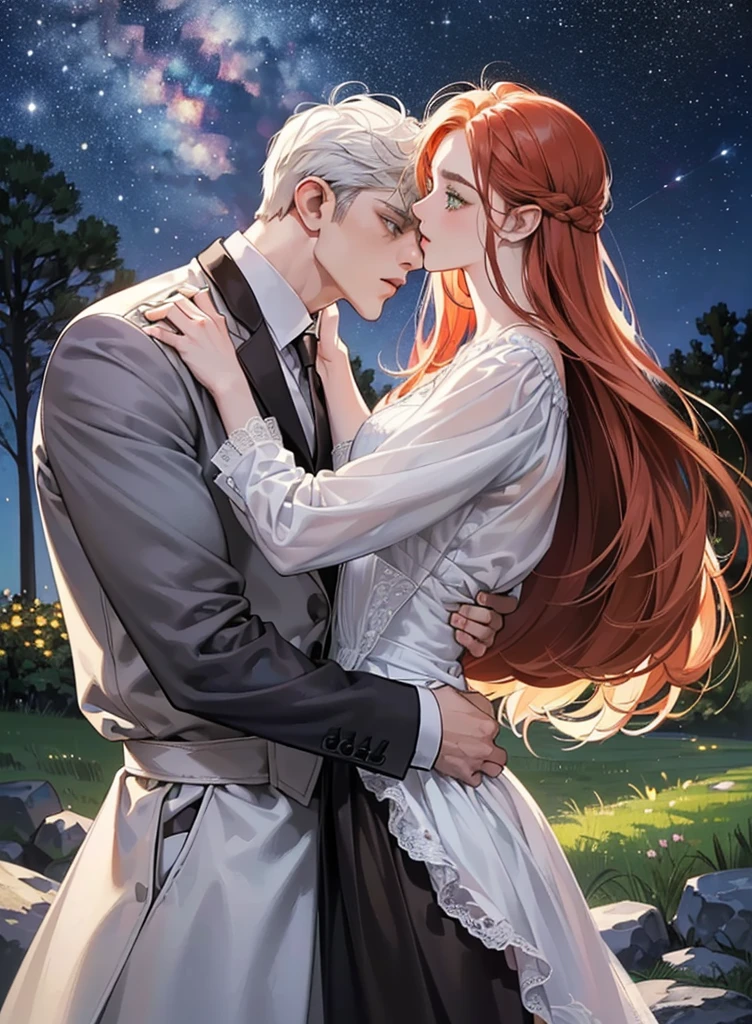 (Best Quality Detailed Image Beautiful Photorealistic Spectacular Night Image 8K 1:1) ((A couple kisses under a tree at the starry night.)), ((desperate hug 8.0)), (digital art digital illustration) (camera focused on face) (cool colors dim lighting) Manhwa Art (red hair man) (very tall man ((redhead)) frío de 29 años muy elegant con estilo de espalda. Ropa elegant ((Brown jacket and shirt)), green eyes (surprised look rostro perfecto líneas perfectaa).elegant, surprised look, pale eyes, ((Male square face)), facial hair, Open eyes), is kissed by surprise by (a beautiful young woman with white hair, with white nightgown and black leather vest, for the rebel whites, closed eyes, she is shorter than him, soft and perfect lips, femininity and masculinity, ((romantic scene)), ((corresponding individual aspects)), ((just a man and a woman)))