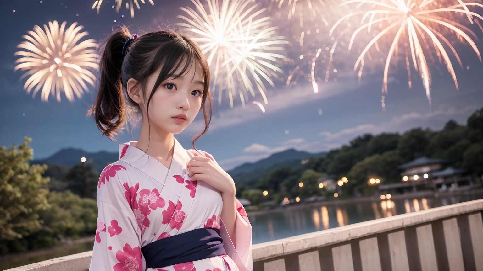 very cute、15 years old、girl、Long ponytail hair、((yukata))、((firework))、((Night Sky))、Cherry blossom trees、Chest element skin、