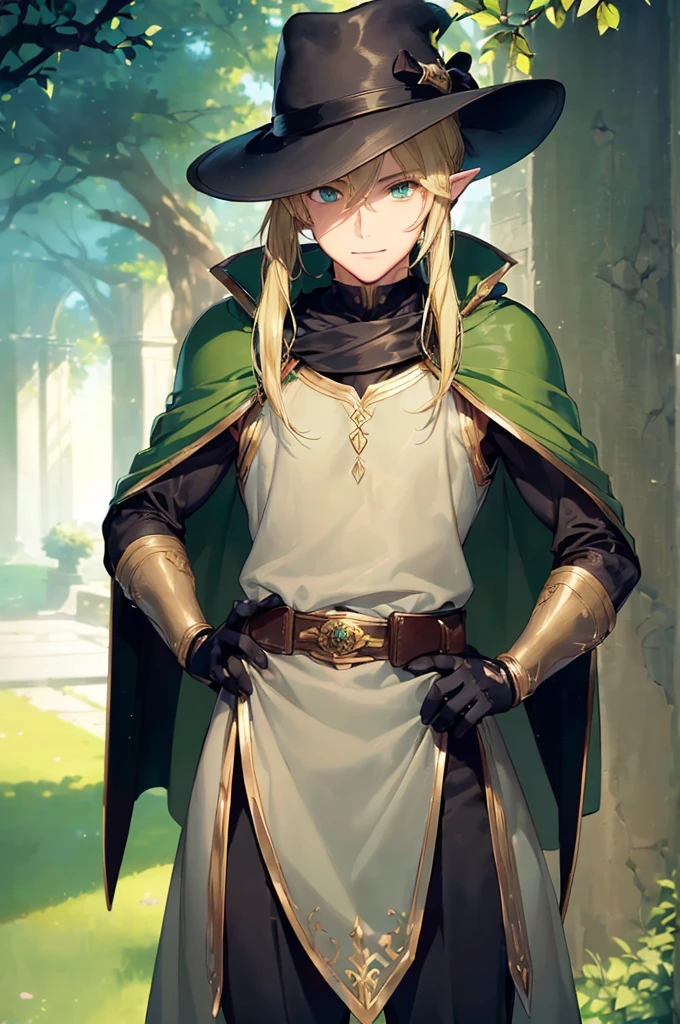 (((masterpiece; best quality: 1.2))), (finely detailed eyes: 1.3), (25 year old elf man), (solo), (green eyes: 1.4), (body; toned, fit, masculine: 1.3), (silky blonde hair in low ponytail: 1.3), (beautiful and clear background: 1.2), ((depth of field)), (equipment: adventurer garb + elegant slim wide-brim hat + dark coat + dark tunic + dark long cape + black pants + gloves + belt + pouches: 1.3), (anime illustration: 1.2), (background composition; royal garden: 1.1), (extremely fine and handsome: 1.1), (shot composition; standing + centered on torso + close-up: 1.5), (expression; calm, smile: 1.2)