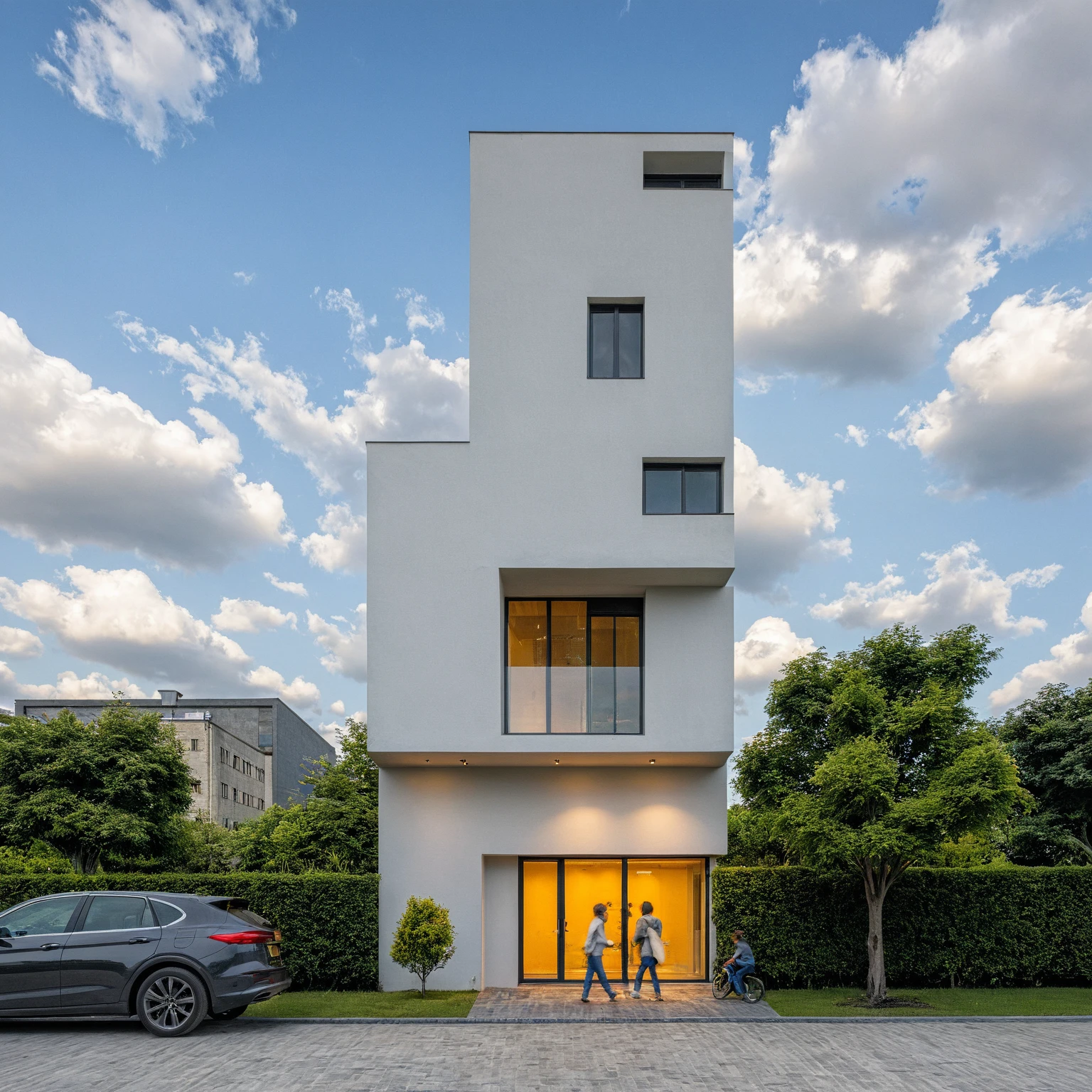 Masterpiece, high quality, best quality, authentic, super detail, outdoors, onestoreyvillaXL, aiaigroup, house style modern on the street ,stairs, white wall ,road,pavement, grass, trees, sky, cloud, (daylight:1.1)
