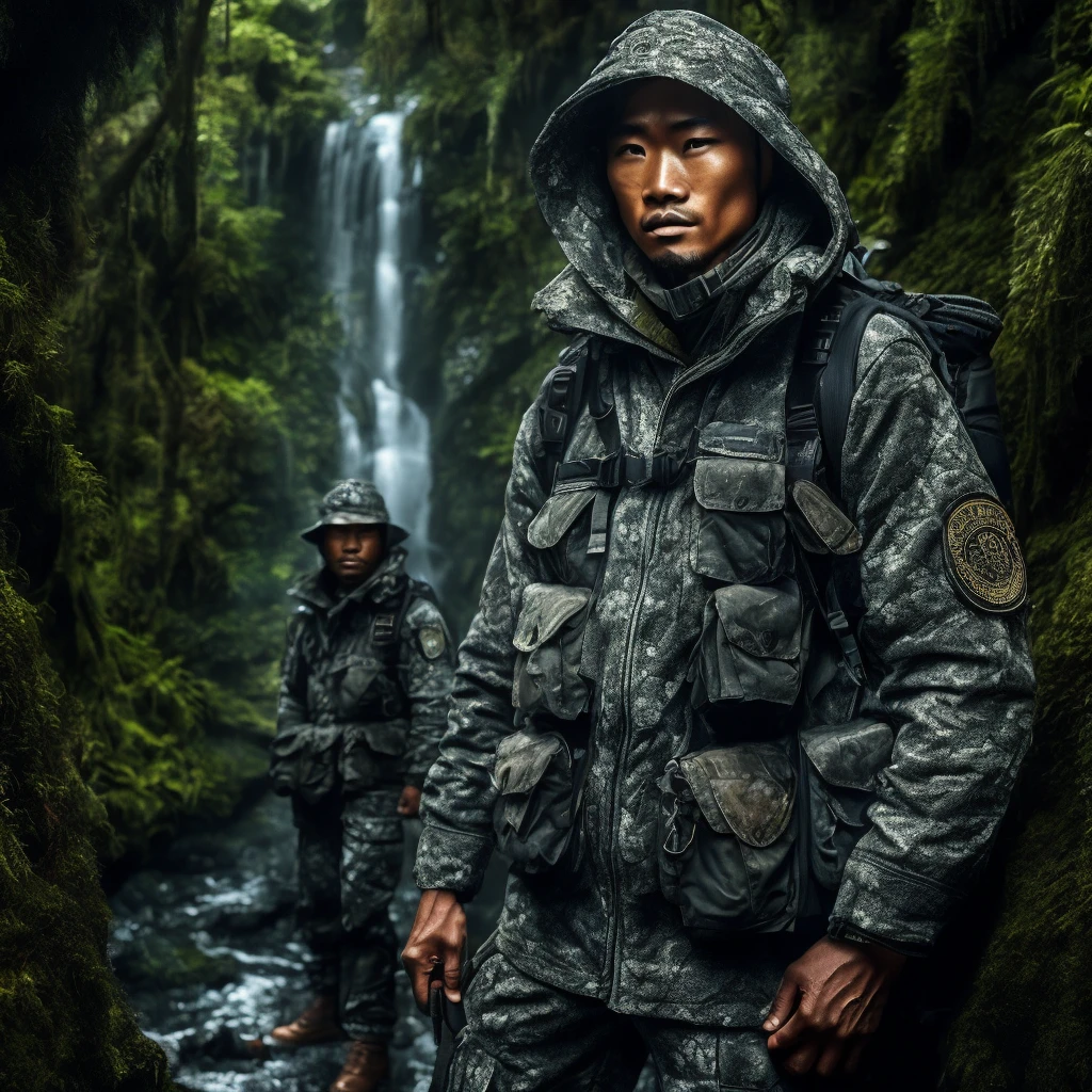 (Award-winning photo:1.3) Masterpiece of, male, male性フォーカス, Rain Forest Ranger, Fur hooded, Ancient Explorers、Oriental、(Skin with attention to detail:1.2), 8k, Ultra-high resolution, Soft lighting, high quality, Intricate details, Ultra-detailed, Very detailed、