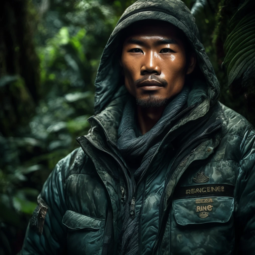 (Award-winning photo:1.3) Masterpiece of, male, male性フォーカス, Rain Forest Ranger, Fur hooded, Ancient Explorers、Oriental、(Skin with attention to detail:1.2), 8k, Ultra-high resolution, Soft lighting, high quality, Intricate details, Ultra-detailed, Very detailed、