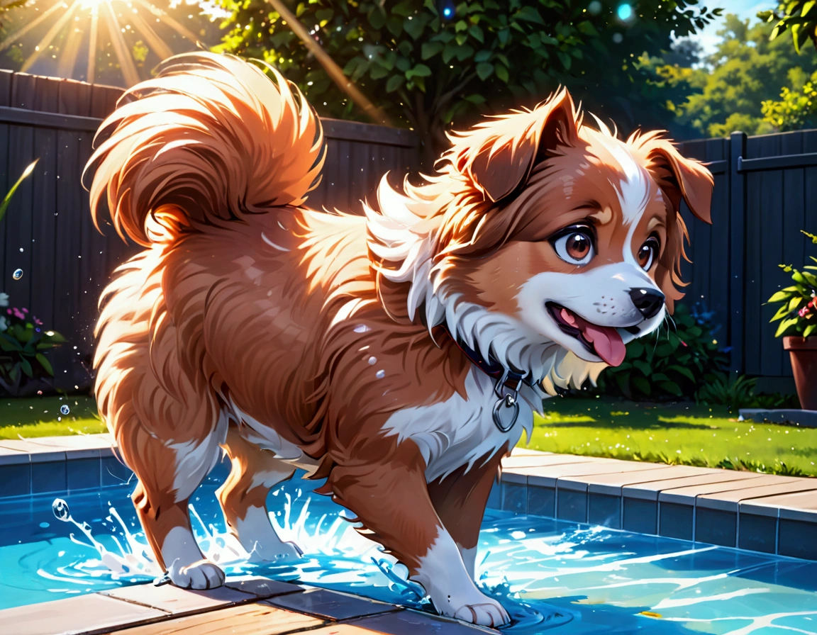 a puppy jumping off a high dive at a swimming pool, mid-air, scared and excited expression, splashing water, sunny day, beautiful detailed eyes, cute and fluffy puppy, (best quality,4k,8k,highres,masterpiece:1.2),ultra-detailed,(realistic,photorealistic,photo-realistic:1.37),HDR,UHD,studio lighting,ultra-fine painting,sharp focus,physically-based rendering,extreme detail description,professional,vivid colors,bokeh,cute animal portrait