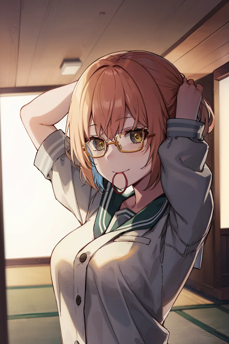 One girl, Masterpiece, high quality, 最high quality, Good anime images, Misaki, ((school uniform)), Twin Blade, ((collar)), hair ornaments, Upper Body, Big Breasts, Dynamic light and shadow, smile, (Adjusting Glasses:1.2), Multicolored costume, Yellow Hair, Japanese Background, One girl, Beautiful Face, Hair tie on mouth, Gray Hair, Put your arms behind your head