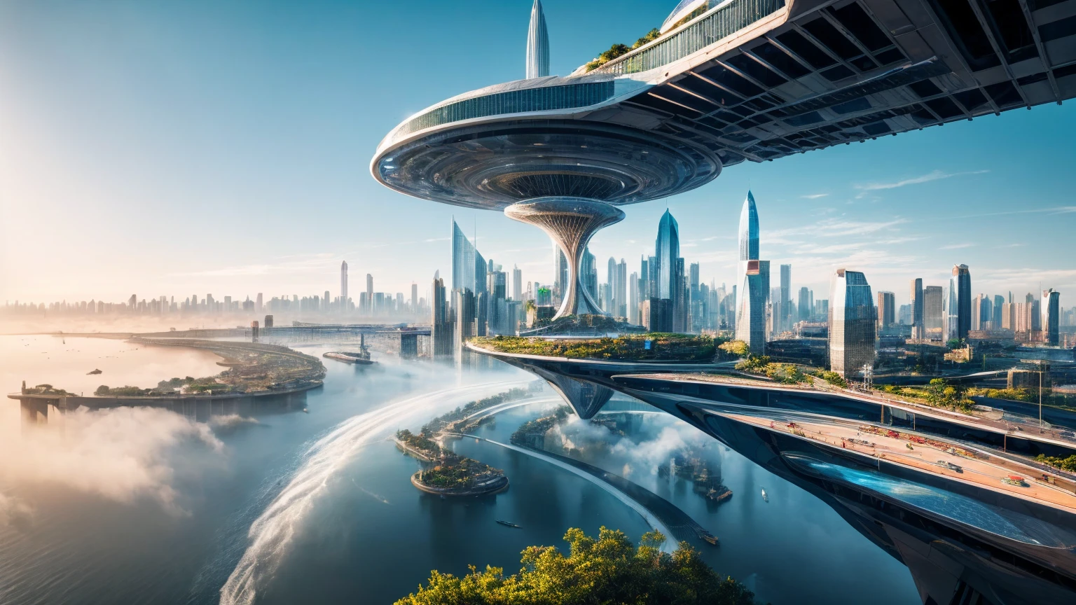 (Best quality,4K,8K,A high resolution,Masterpiece:1.2),Ultra-detailed,(Realistic,Photorealistic,photo-realistic:1.37),Futuristic floating city,Futuristic technology,Huge urban high-tech tablet platform,Airship,Floating in the sky,Futuristic city,Small airships around,High-tech hemispherical platform,Colorful lights,Advanced architecture,modernn architecture,skyscrapper,Access the cloud,Scenic beauty,view over city,Impressive design,Blend seamlessly with nature,energetic and vibrant atmosphere,Futuristic transportation system,Parking is suspended,Transparent path,Lush greenery,Sky gardens,cascading waterfalls,Magnificent skyline,reflections on the water,Sparkling river,Architectural innovation,futuristic skyscrapers,Transparent dome,The shape of the building is unusual,Elevated walkway,Impressive skyline,Glowing lights,Futuristic technology,Minimalist design,Scenic spots,Panoramic view,Cloud Piercing Tower,Vibrant colors,epic sunrise,epic sunset,Dazzling light display,magical ambiance,The future city,Urban Utopia,LuxuryLifestyle,Innovative energy,sustainable development,Smart city technology,Advanced infrastructure,Tranquil atmosphere,Nature and technology live in harmony,Awesome cityscape,Unprecedented urban planning,Architecture connects seamlessly with nature,High-tech metropolis,A cutting-edge engineering marvel,The future of urban living,Visionary architectural concept,Energy-efficient buildings,Harmony with the environment,A city floating above the clouds,Utopian dreams become reality,The possibilities are endless,State-of-the-art transportation network,Green energy integration,Innovative materials,Impressive holographic display,Advanced communication system,Breathtaking aerial view,Quiet and peaceful environment,Modernist aesthetics,Ethereal beauty