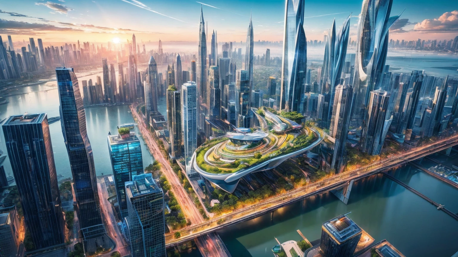 (Best quality,4K,8K,A high resolution,Masterpiece:1.2),Ultra-detailed,(Realistic,Photorealistic,photo-realistic:1.37),Futuristic floating city,Futuristic technology,Huge urban high-tech tablet platform,Airship,Floating in the sky,Futuristic city,Small airships around,High-tech hemispherical platform,Colorful lights,Advanced architecture,modernn architecture,skyscrapper,Access the cloud,Scenic beauty,view over city,Impressive design,Blend seamlessly with nature,energetic and vibrant atmosphere,Futuristic transportation system,Parking is suspended,Transparent path,Lush greenery,Sky gardens,cascading waterfalls,Magnificent skyline,reflections on the water,Sparkling river,Architectural innovation,futuristic skyscrapers,Transparent dome,The shape of the building is unusual,Elevated walkway,Impressive skyline,Glowing lights,Futuristic technology,Minimalist design,Scenic spots,Panoramic view,Cloud Piercing Tower,Vibrant colors,epic sunrise,epic sunset,Dazzling light display,magical ambiance,The future city,Urban Utopia,LuxuryLifestyle,Innovative energy,sustainable development,Smart city technology,Advanced infrastructure,Tranquil atmosphere,Nature and technology live in harmony,Awesome cityscape,Unprecedented urban planning,Architecture connects seamlessly with nature,High-tech metropolis,A cutting-edge engineering marvel,The future of urban living,Visionary architectural concept,Energy-efficient buildings,Harmony with the environment,A city floating above the clouds,Utopian dreams become reality,The possibilities are endless,State-of-the-art transportation network,Green energy integration,Innovative materials,Impressive holographic display,Advanced communication system,Breathtaking aerial view,Quiet and peaceful environment,Modernist aesthetics,Ethereal beauty
