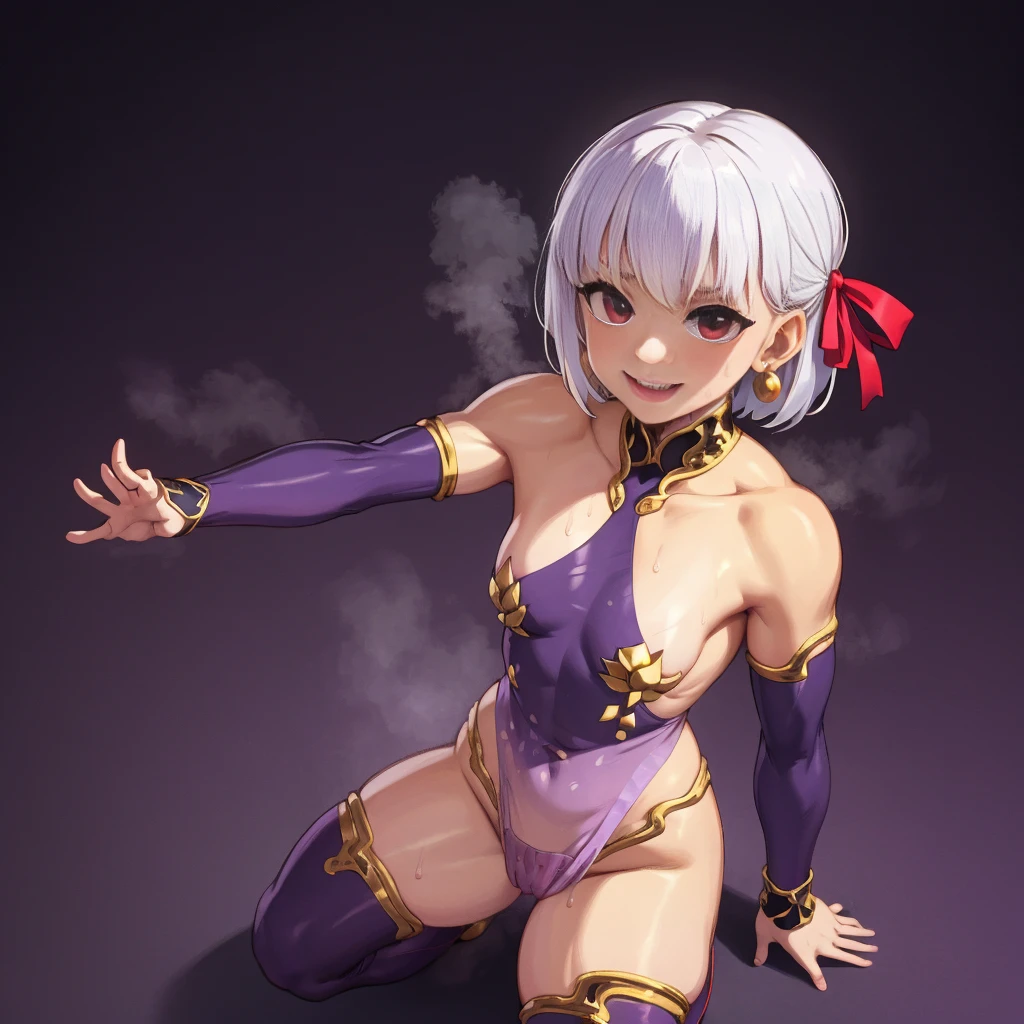 (masterpiece, best quality) solo, 1girl, 1girl,solo, extremely small breasts, cowboy shot, outfit-km, short hair, white hair, red eyes, hair ribbon, ribbon, earrings, smile, silver hair, squatting, sweat, wet skin, abs, muscular, pov, view from above, steaming body, flexing muscles, dynamic pose, purple dress, pelvic curtain, elbow gloves, purple thighhighs, dark background, smol body
