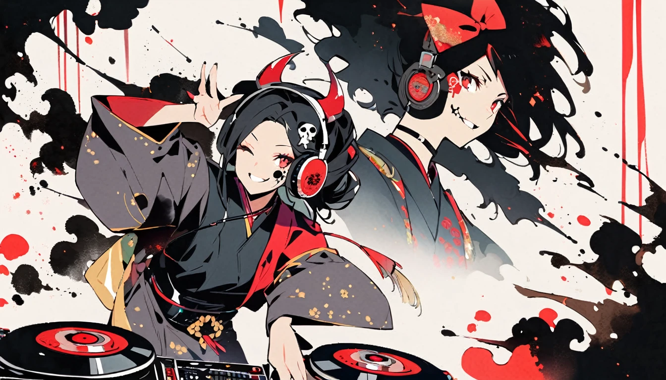 (((Ink Painting))), (((1 girl))), (((Skull tattoo on face))), (((Gorgeous hair accessories))), Japanese style headphones, (((dj))), Japanese Beauty, devil, Black Hair, smile