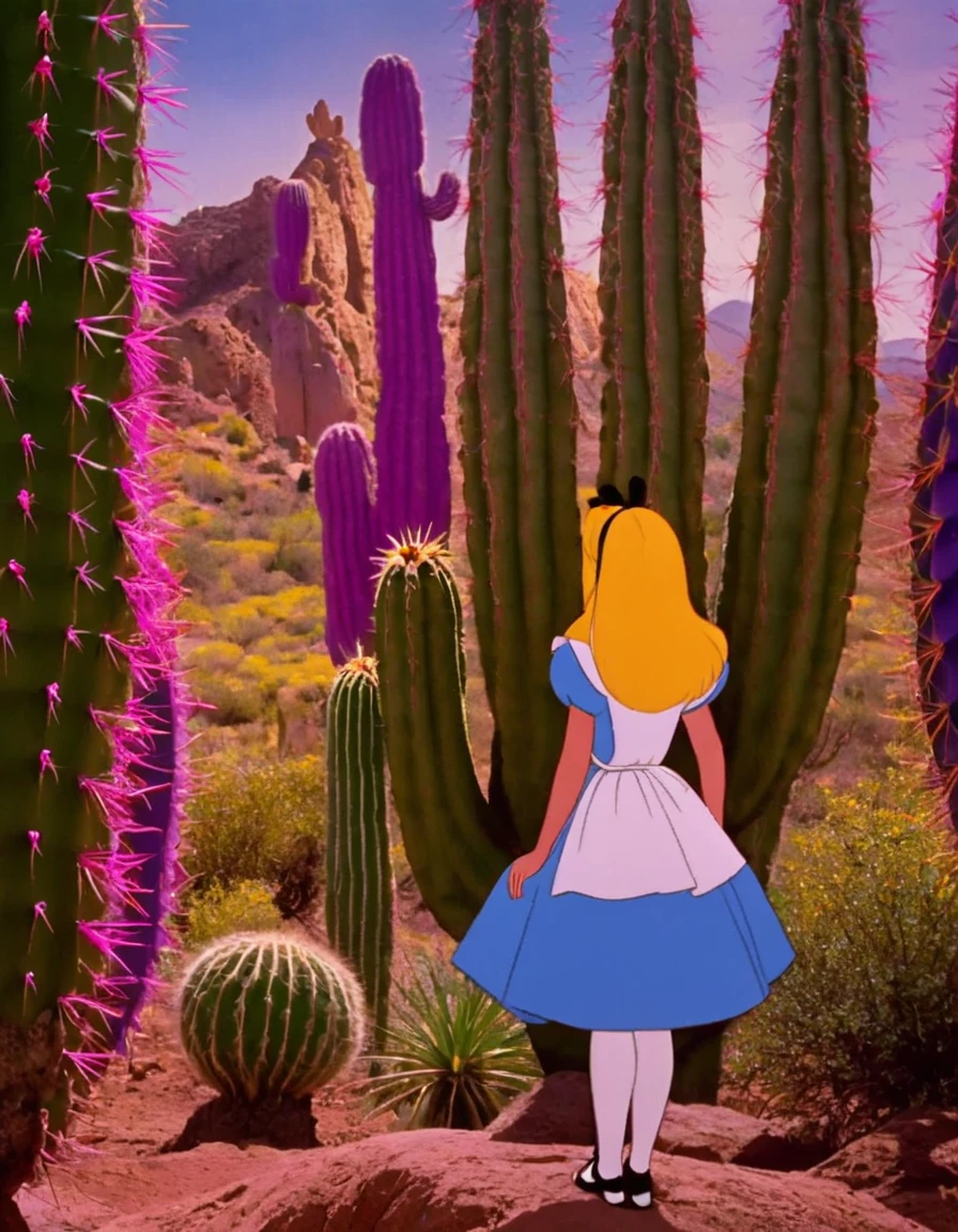 wxaliwonlan,1 girl,alone,long hair,blue eyes,blonde hair,dress,standing in front of a giant purple cactus,alice (Alice in Wonderland),disney cartoon,masterpiece,best quality,(details intricate),highly detailed eyes,unique pose,dynamic pose,35mm,anamorphic,lightroom,cinematography,film grain,HDR10,8k hdr,Steve McCurry,((cinematic)),RAW,portra 400 film with color grading, remarkable color, ray tracing, subsurface scattering, hyperrealistic, extreme skin details, skin pores, deep shadows, contrast.