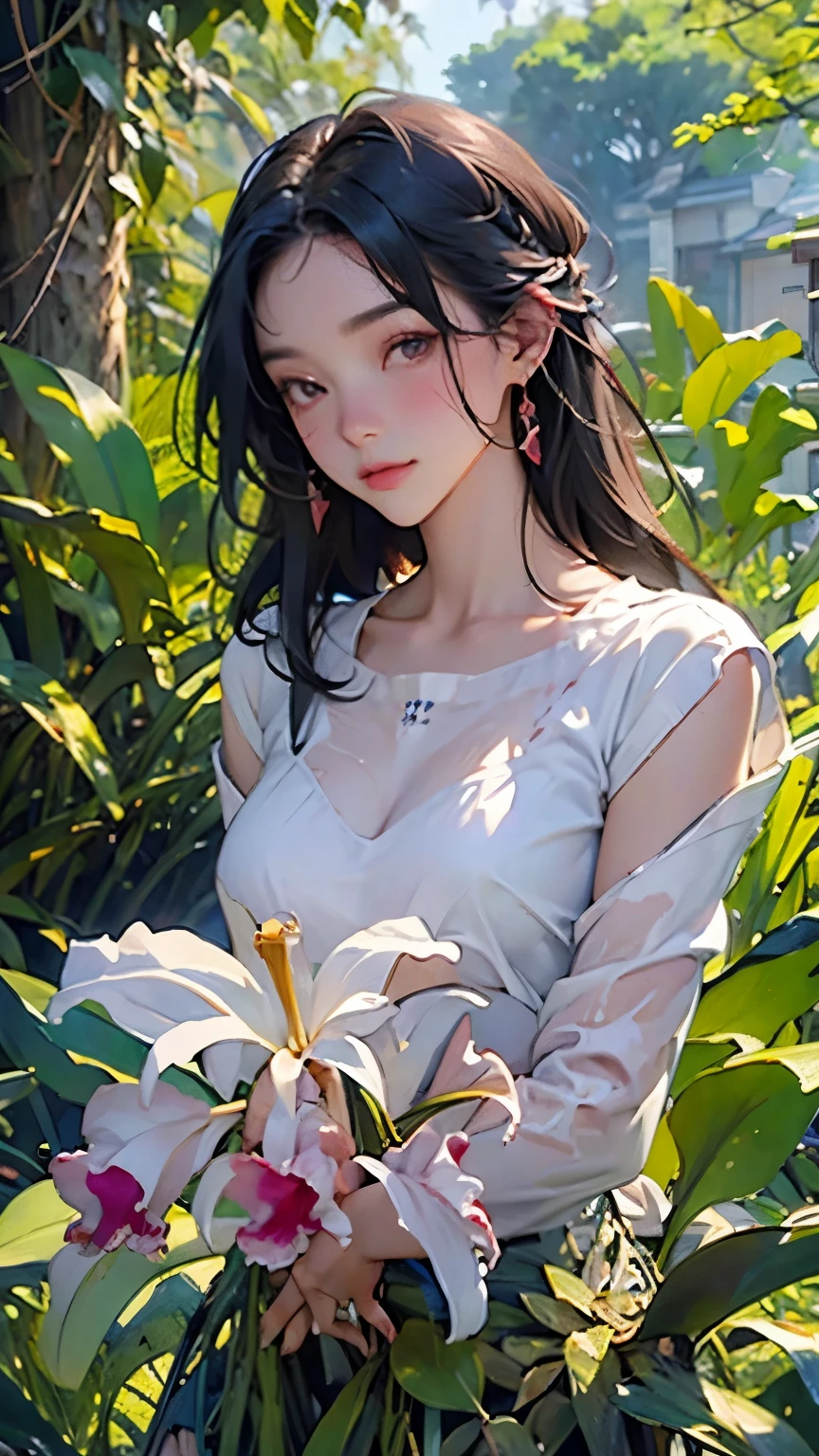 (Cattleya, alone, Three Flowers, Half-dawn, Whole Body, full bloom, nature, Habitat:1.4 )、女性がCattleyaの花の世話をしている、Soft Light、Indoor Botanical Garden、dome、Garden with fluttering petals、Soft Focus、Blur the background、(Highest quality、High resolution、masterpiece)、4k anime art、((Sargent-style watercolor))、