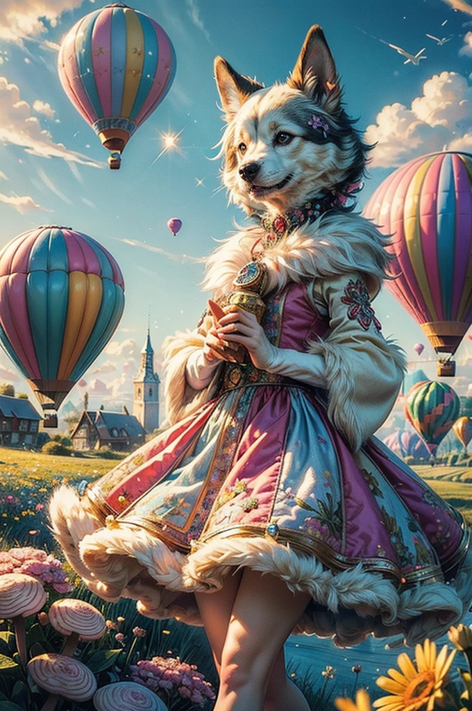 (((best quality))),(((ultra detailed))),(((masterpiece))),illustration,1 flying puppy,whimsical world,pastel colors,fluffy tail,lush fur,sparkling fur,long floppy ears,intricate wing patterns,shimmering sparkles,patchwork quilt wildflowers,colorful hot-air balloons,candy cane cottages,mushroom trees,charming canine,enchanting adventures