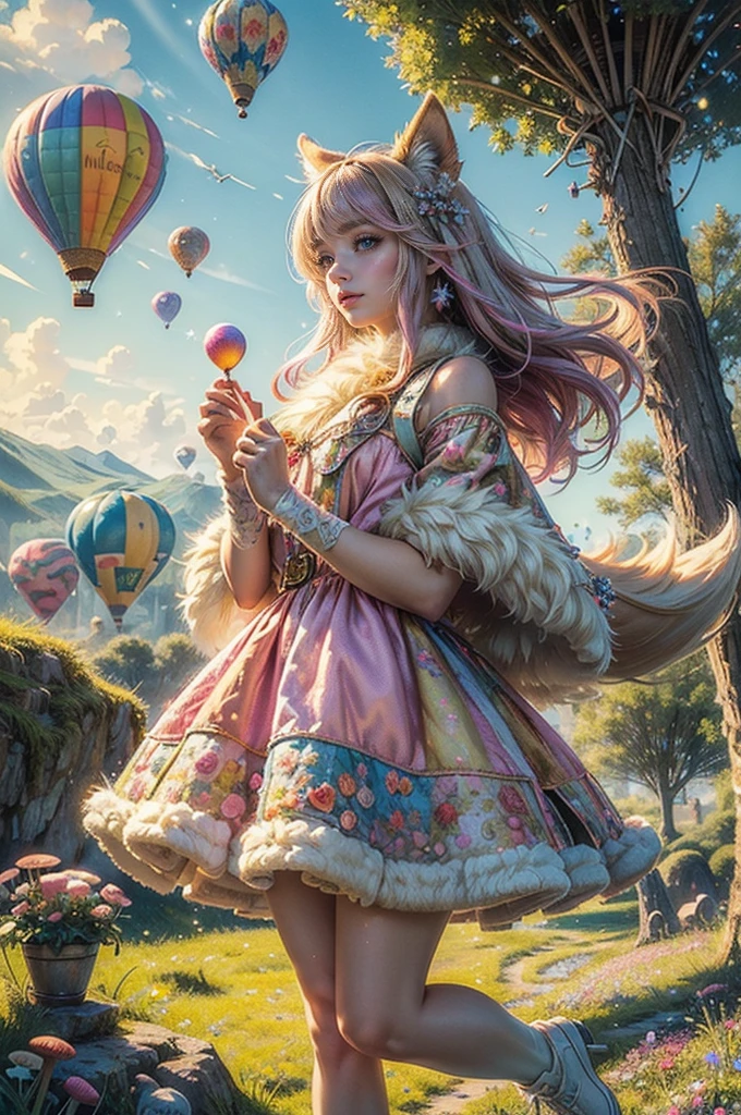 (((best quality))),(((ultra detailed))),(((masterpiece))),illustration,1 flying puppy,whimsical world,pastel colors,fluffy tail,lush fur,sparkling fur,long floppy ears,intricate wing patterns,shimmering sparkles,patchwork quilt wildflowers,colorful hot-air balloons,candy cane cottages,mushroom trees,charming canine,enchanting adventures