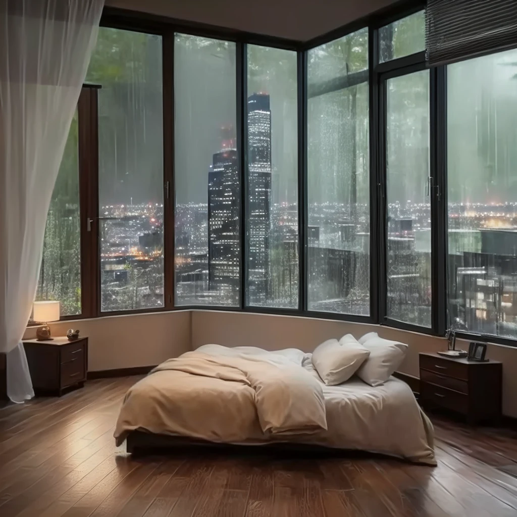 Large windows and spacious々A spacious bedroom, Large windows overlooking the city at night, Quiet and peaceful atmosphere, Indoors on a rainy day, A soothing and comfortable landscape, Cozy and serene atmosphere, Cozy urban bedroom, Cozy place, Relaxing environment, In the bedroom, Rainy night,