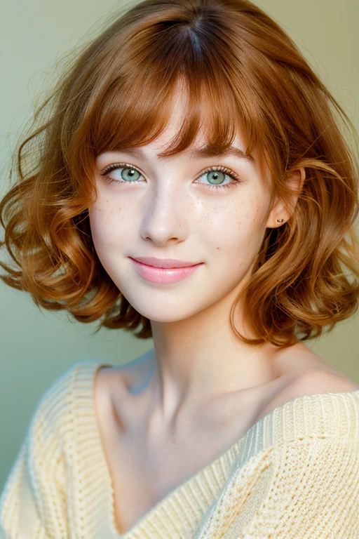 teen girl,pale green eyes, medium length hair, Orange curly hair, she has freckles, Best Quality,High resolution,ultra detailed,realist:1.37,portrait, make up, eyeliner, good proportions, sexiest quality, affected smile, Looking forward, (beige beige sweater), (v neck),