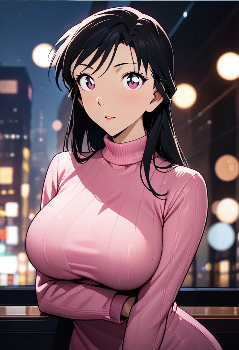 (breathtaking mature beauty,intellectual and elegant,luminous pink sweater,(best quality,masterpiece:1.2),full-length shot,perfect figure,ultra-clear,exquisite facial features,ultra-detailed,bokeh)，black hair