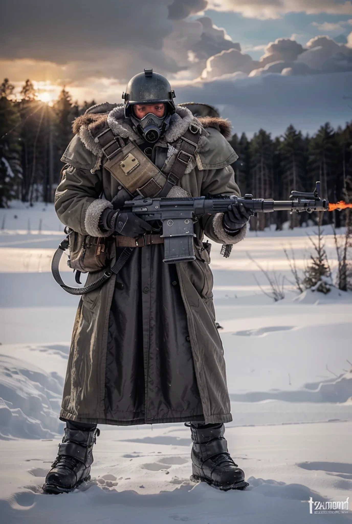 Male soldier, looks forward, soviet style gas mask, gray metal helmet, matte dark red winter Soviet style military uniform, leather belt with ammunition, gray oval metal shoulder pads, belt with ammunition, black military boots, leather gloves, holds flamethrower, rubber tubes, iron tanks on his back, he is in a Polish forest, snowy day, fire, red sky, epico, 4k, ultra image detailed, realistic, Highly detailed, perfect composition, splendid, Intricately detailed, incredibly detailed, Art photography 8K, hyper detailed, Masterpiece