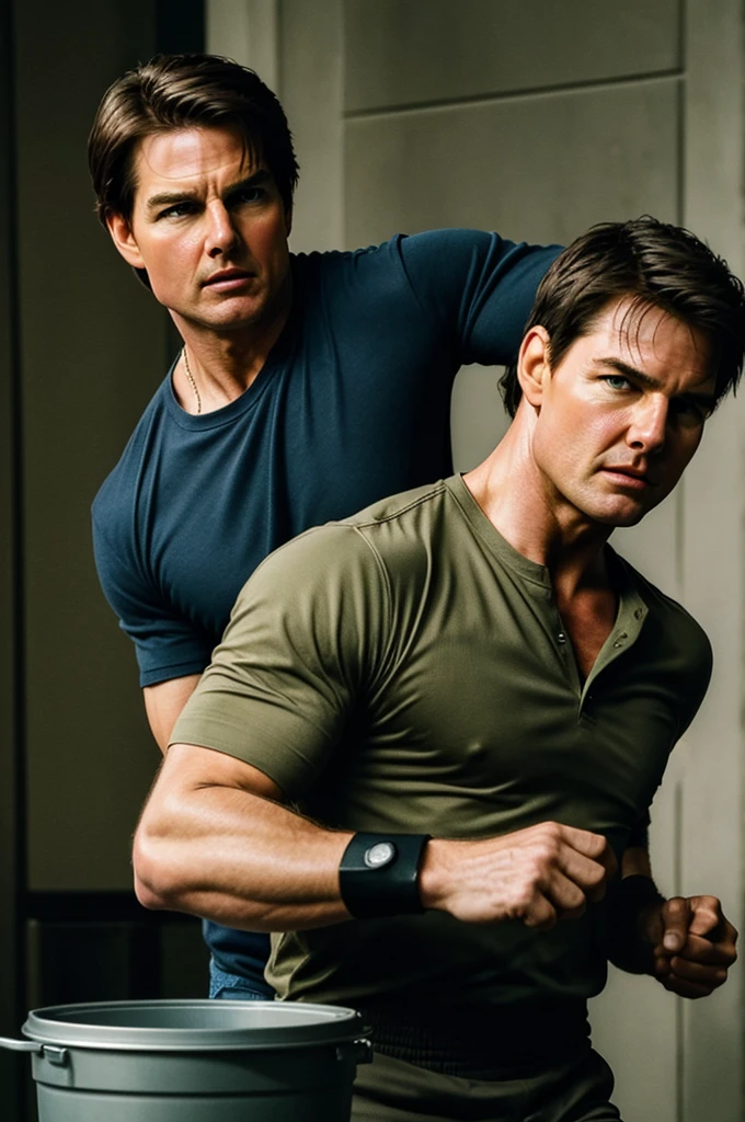 ((best quality)), ((masterpiece)), (detailed), perfect face . Tom cruise fighting with mr bin