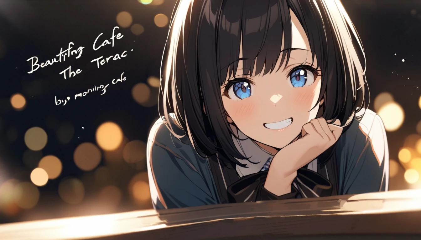 １girl、dark black hair、bob cut、beautiful blue eyes、grin、Morning café terrace、background bokeh, Depth of the bounds written