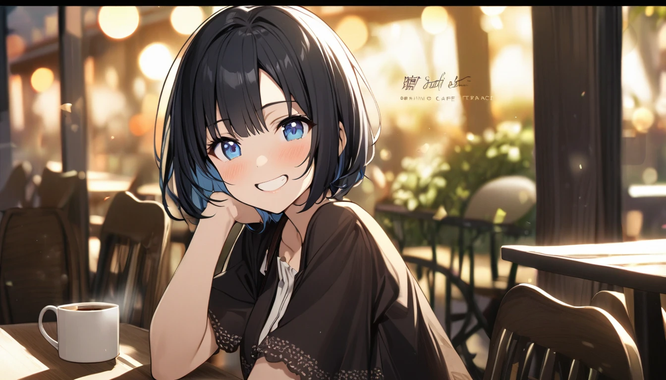 1girl、dark black hair、bob cut、beautiful blue eyes、grin、Morning café terrace、background bokeh, Depth of the bounds written