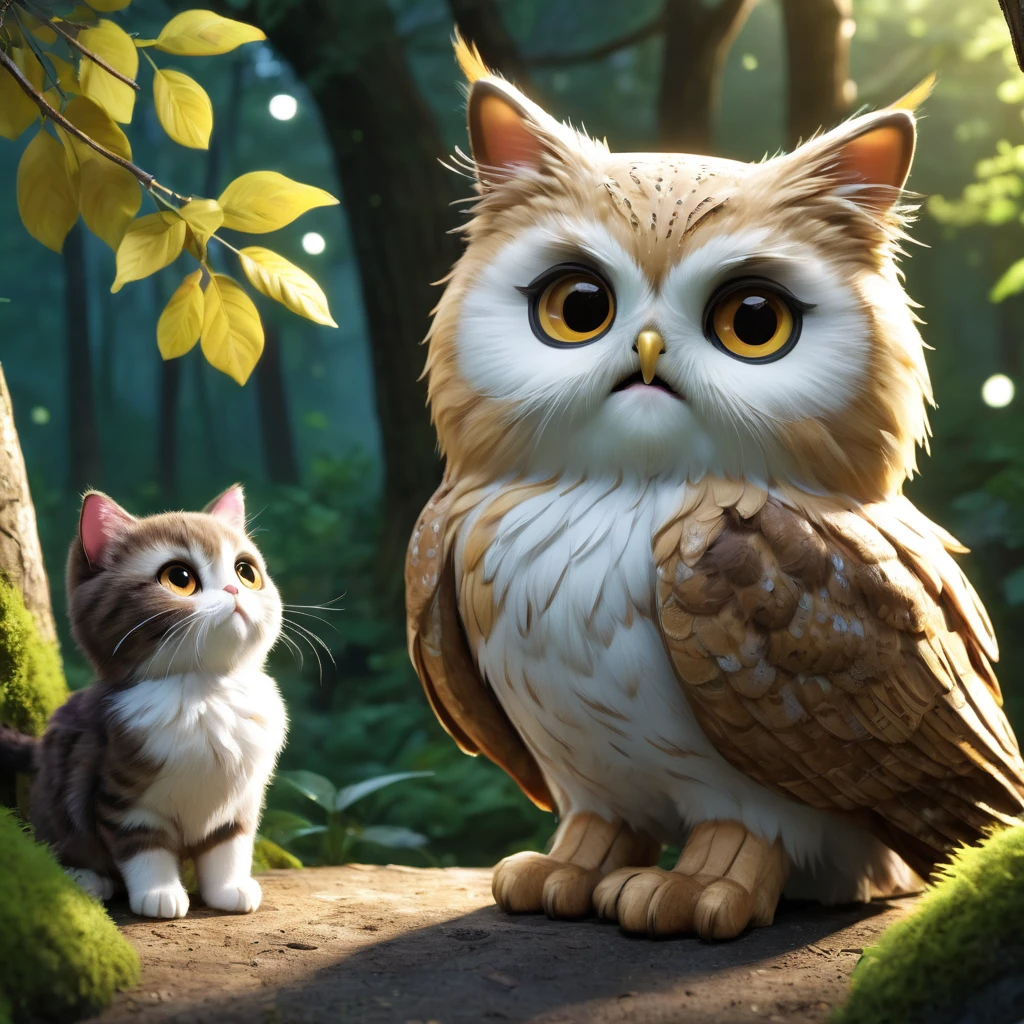 These scenes are depicted in a highly realistic style.、Make sure the cat's facial expressions and movements are exaggerated like a human's。
The main character is a chubby brown cat with cute eyes. The main character is something that never changes. Mimi is lost in the forest at night.。She wandered through the forest feeling lonely.、Meet Owen the owl who appears from the sky。Owen gently guides Mimi.。