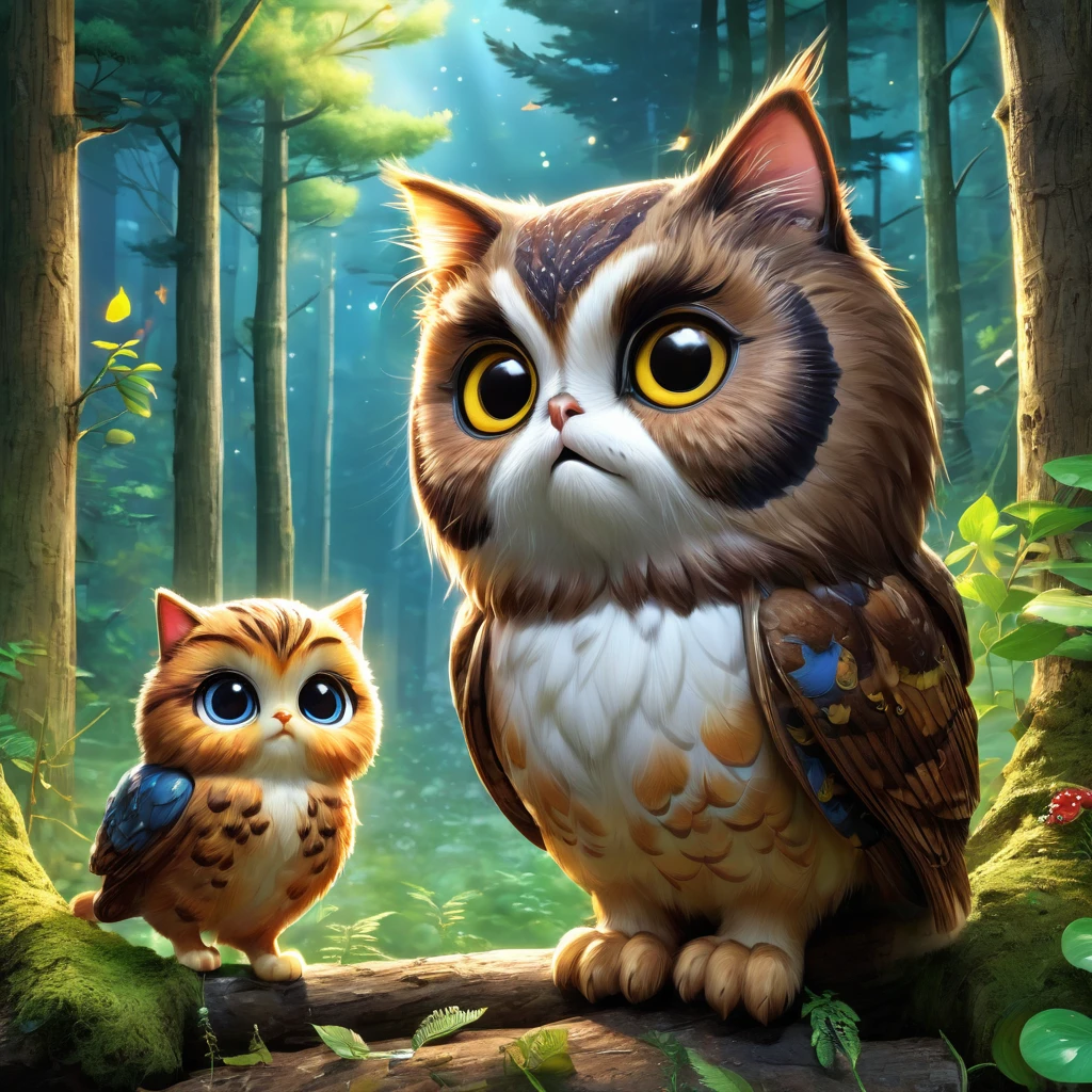 These scenes are depicted in a highly realistic style.、Make sure the cat&#39;s facial expressions and movements are exaggerated like a human&#39;s。

The main character is a chubby brown cat with cute eyes. The main character is something that never changes. Mimi is lost in the forest at night.。She wandered through the forest feeling lonely.、Meet Owen the owl who appears from the sky。Owen gently guides Mimi.。