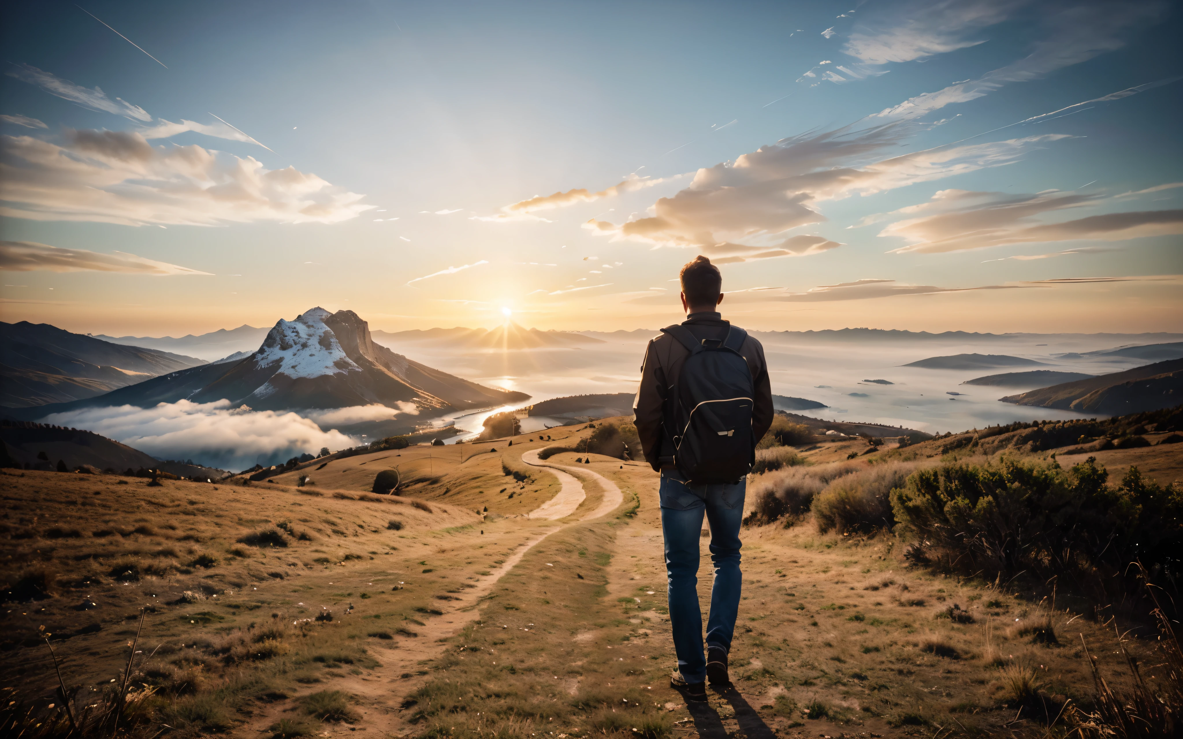 photorealistic landscape, natural landscape, naturey, Beleza Da naturey, Golden Sunset, Sky, Sky Power, Detailed Realistic Sunset, Cedars, Cedar, God's City, Heavens Realm, mountainscape, rivers of water, Sunset realism, Árvores naturey, Alone Men, man on his back, Man's Back, panorama, Alpha Male, Path to Heaven, heavenly, Detailed Realistic Image 8K, 16K Photorealistic Contrast, 8K Photorealistic Sharpness, 4K Photorealistic Cores, 16K Photorealistic Shadows, 8K Photorealistic Textures, 16K Photorealistic Texture, 4K Photorealistic Light, 4K PhotoRealism, FullHD 4K Detailed Contrast, detailed sharpness FullHD 8K, detailed sharpness FullHD 4K, detailed sharpness, 2K Detailed Colors, lifelike colors, FullHD Detailed Shadows, 4K Detailed Textures, detailed texture, Natural Beauty, Elegante, 