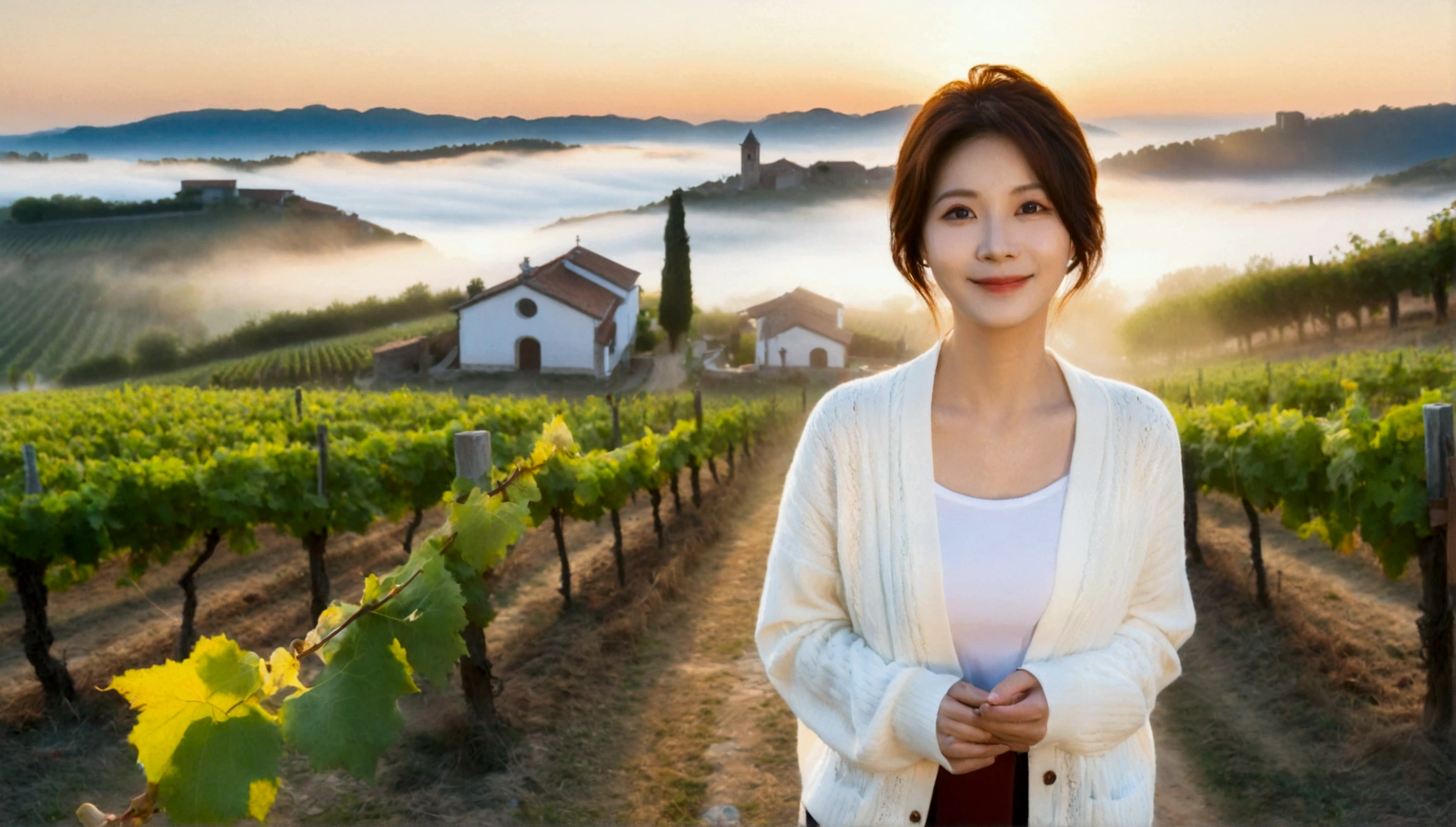8k, 36 year old Korean woman, pretty like a model, Short hair, White shirt and short cardigan, early morning fog before sunrise, path, vineyard, monastery, italian countryside village, Vivid picture quality, Realistic perfect picture quality, dawn fog, Wide angle lens shot from afar, Vivid picture quality, Delicate and perfect picture quality, Smiley