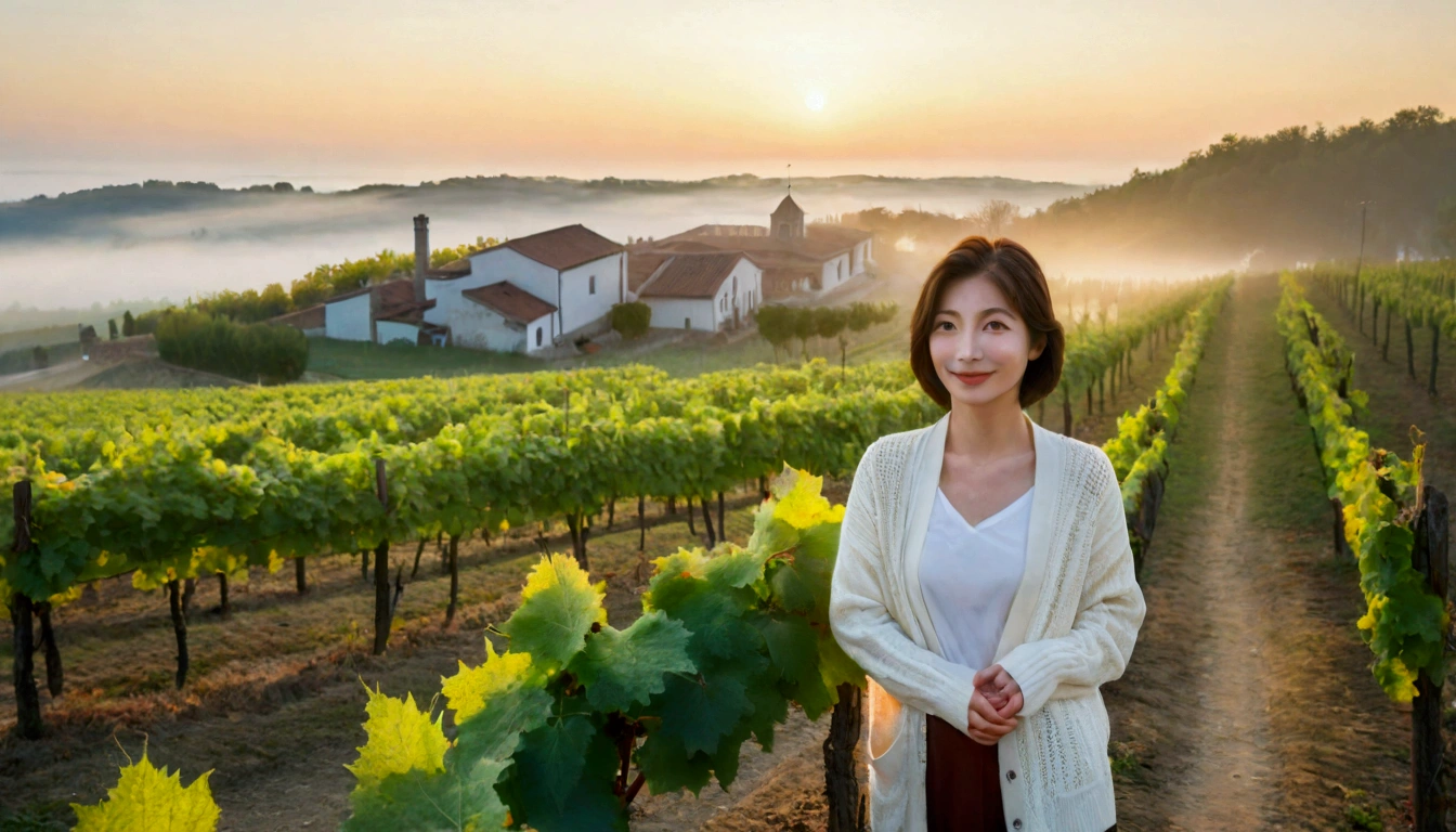 8k, 36 year old Korean woman, pretty like a model, Short hair, White shirt and short cardigan, early morning fog before sunrise, path, vineyard, monastery, italian countryside village, Vivid picture quality, Realistic perfect picture quality, dawn fog, Wide angle lens shot from afar, Vivid picture quality, Delicate and perfect picture quality, Smiley
