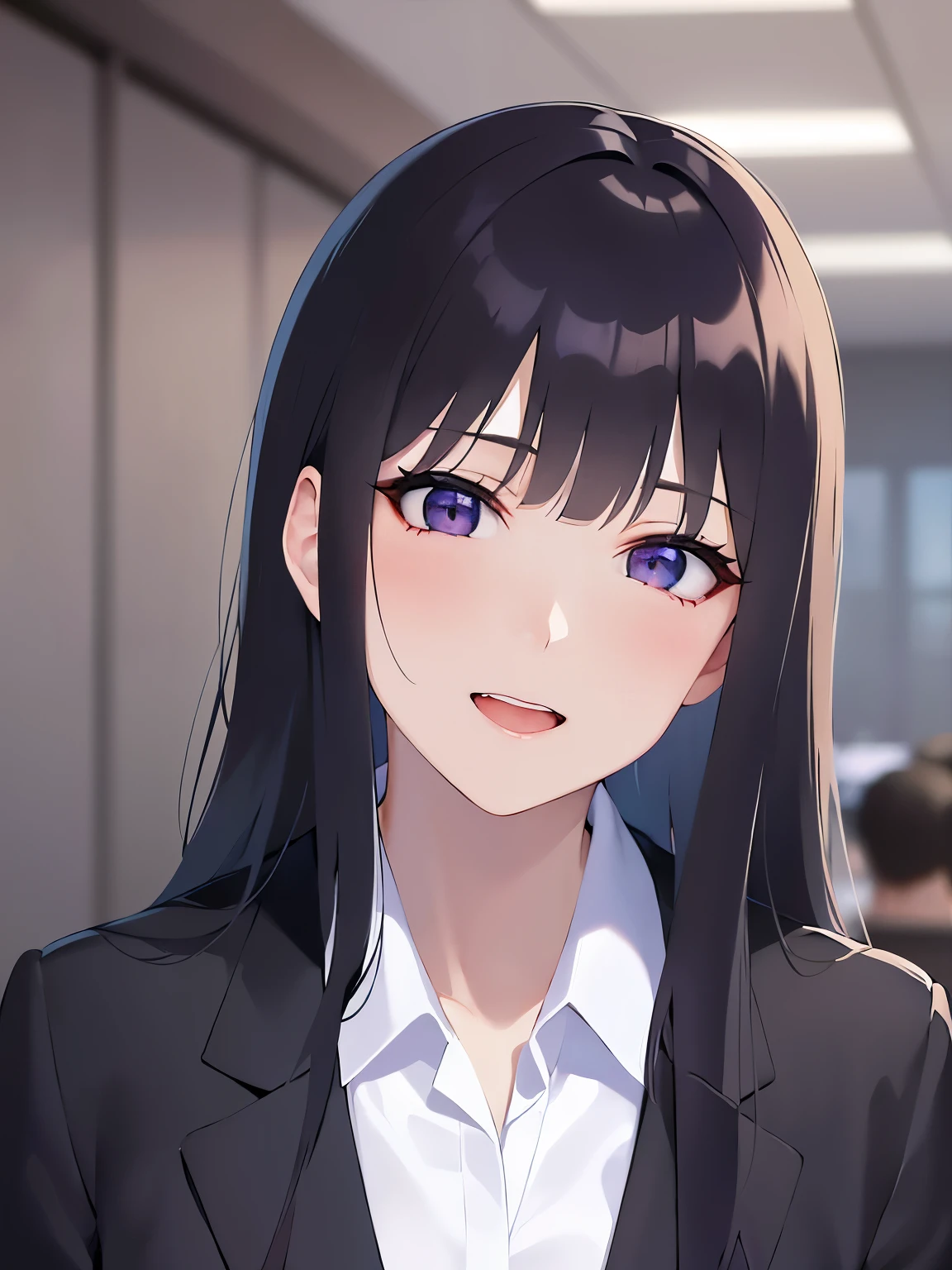 head tilt, Upper Body, Realistic, real person, (pale skin: 1.2), RAW photo, photorealistic, shiny skin, shiny hair、(A 25-year-old woman with straight hair and bangs) and (medium hair) and (black hair) and (purple eyes) , (business suit:1.5) and (white collared shirt)、(smile:1.2), open mouth, The background is the conference room、Alone、Are standing