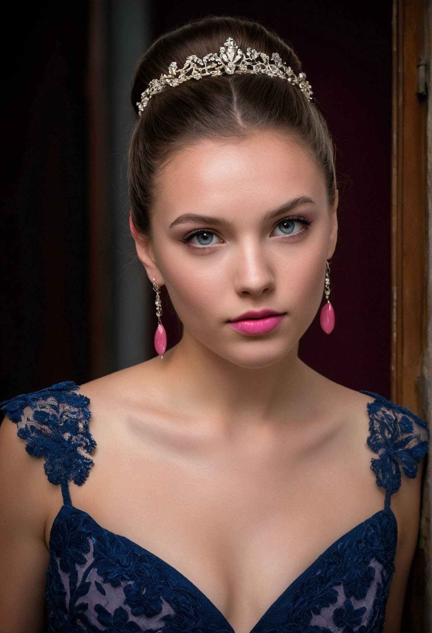 Candid photo of a beautiful young woman ((Joana Gates)) , age 25, extremely detailed  eyes, beautiful  face, sweet pink lips, detailed natural skin with pores,  ((beautiful dress 1.5)), com bun hair masterpiece, rewarded photography, Lighting, perfect composition, high détail, hyperrealisti, dramatic Lighting, epic, burgundy and dark_blues colors