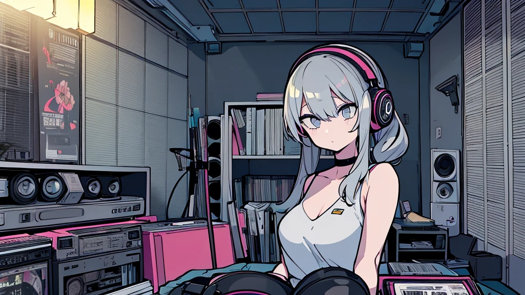 Best quality, (masterpiece), best detail face,1 girl, natural breasts, 18 yo, 8k,absurdres,unity 8k wall paper,(extremely detailed:1.3), highest realistic, (retro headphones:), (soft neon light:), (psychedelic), Her room full of music equipment and records, sports wear , See the whole room , dark grey color pallet, silver hair, pony tail hair