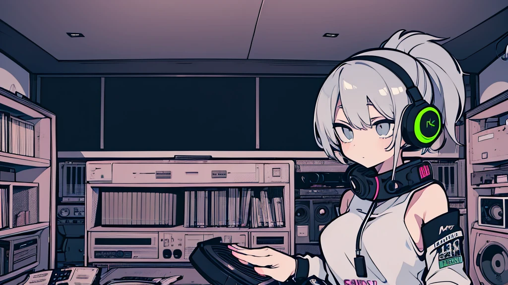 Best quality, (masterpiece), best detail face,1 girl, natural breasts, 18 yo, 8k,absurdres,unity 8k wall paper,(extremely detailed:1.3), highest realistic, (retro headphones:), (soft neon light:), (psychedelic), Her room full of music equipment and records, sports wear , See the whole room , dark grey color pallet, silver hair, pony tail hair