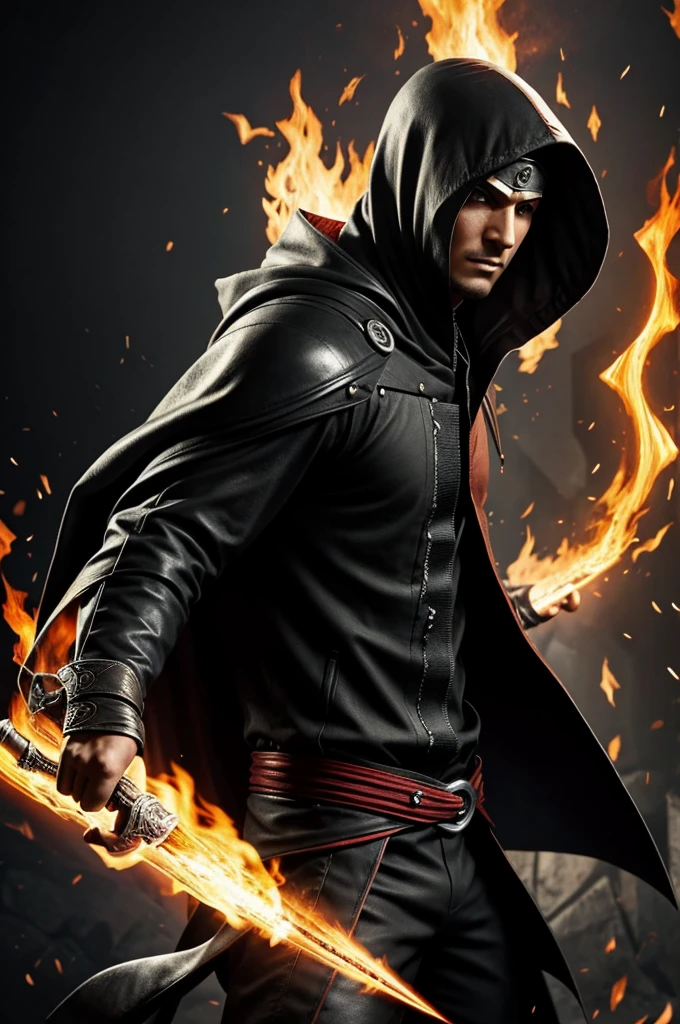 Naruto fused with Zarathos, in the style of Ezio Auditore, He would have blonde hair completely hidden under a white hood. His skin would be pale with dark marks like flames. I would wear a tight black suit with leather details. He would wear a black band that covers his eyes, with an Omega symbol in the center. This appearance would project an air of mystery and revenge, combining the supernatural with the elegant style of an assassin.