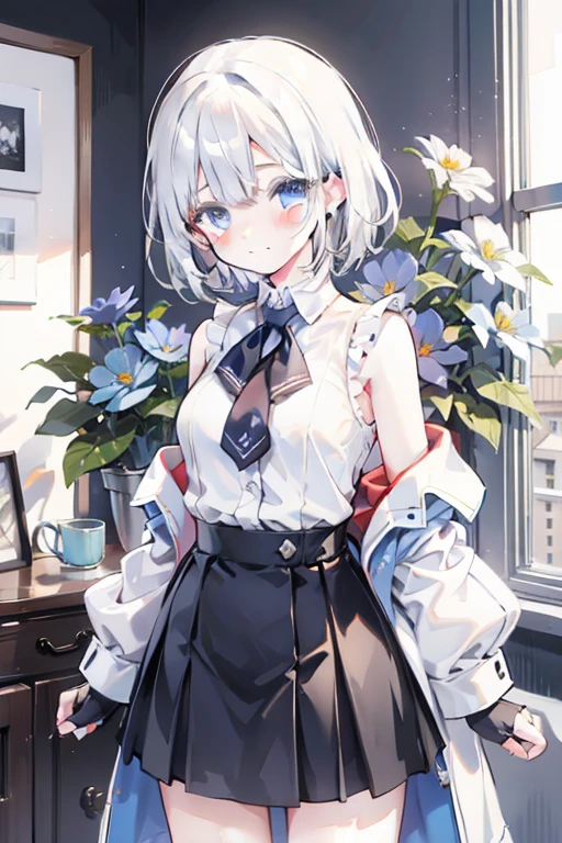 1 Girl, Bethel, blue eyes, 裸Off-shoulder膀, breast, medium breast, short hair, White hair, Hair covering one eye, Bangs, Gloves, sleeveless, Solitary, shirt, fingerless Gloves, white shirt, sleeveless shirt, Put your hands behind your back, Off-shoulder, trumpet, Smile, (masterpiece), (best quality), (Extremely detailed), indoors, Simple background, Blue flowers,