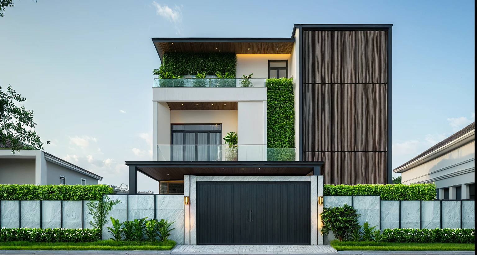 modern villa on street, (daylight), tropical tree, green shrub and plants, vivid color, streetcapes, minimalist design, brigth grey tone, large glass door, warm interior lighting, modern material, best quality, ultra realistic, masterpiece, 17ArchiAI_XL_VL-v1
